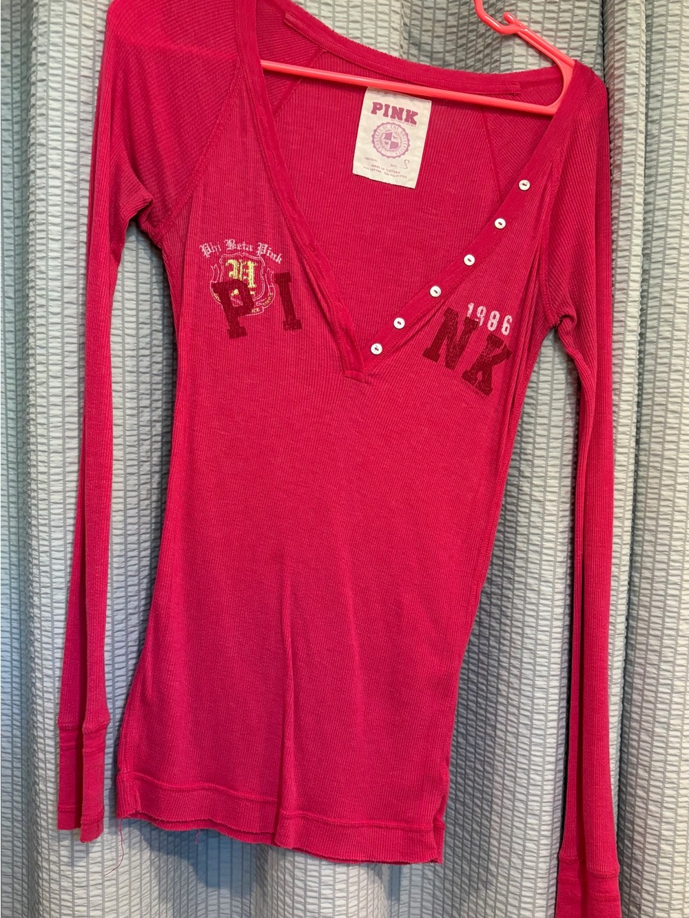 Vintage PINK Victoria's Secret Hot Pink Ribbed Long-Sleeve Henley Top